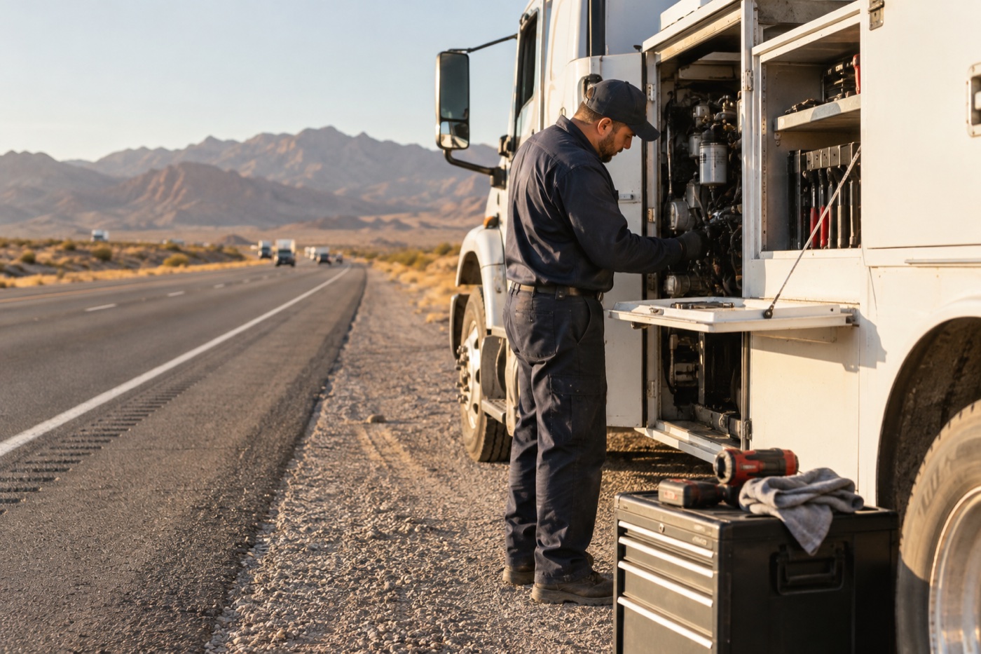 Mobile mechanic helping a work truck on a Nevada roadside